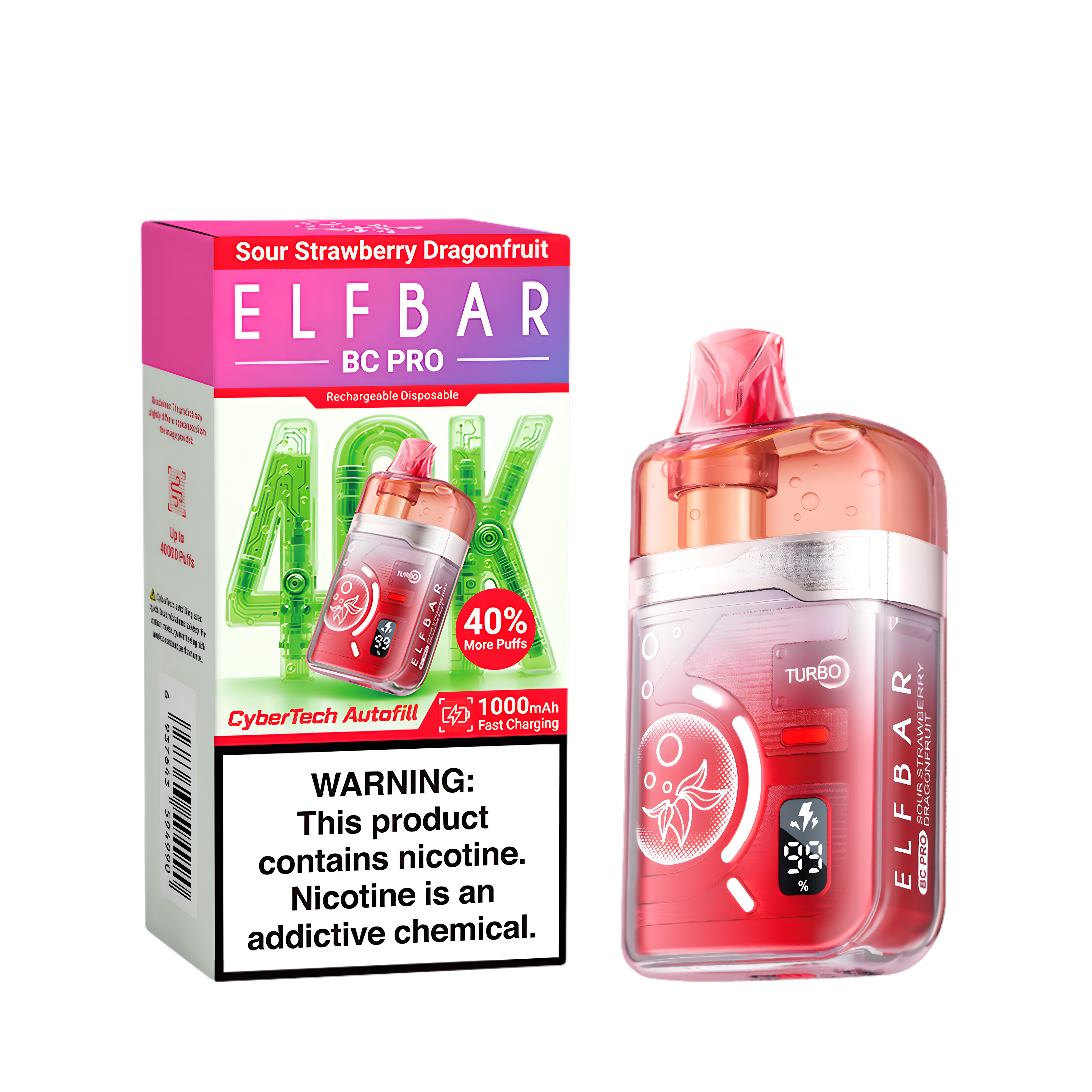 ELF BAR BC40000 PRO SOUR STRAWBERRY DRAGONFRUIT 5% RECHARGEABLE