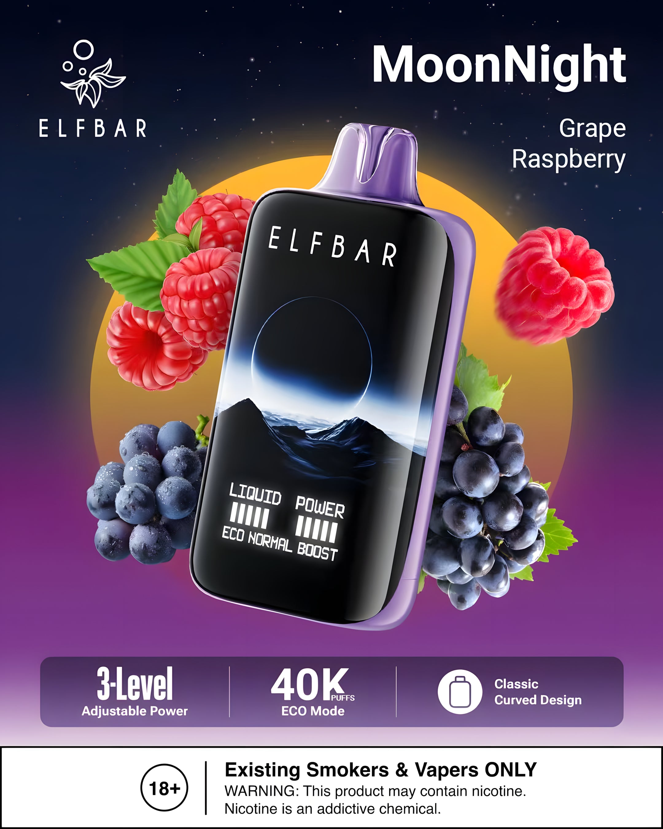 ELF BAR MOON NIGHT 40000 GRAPE RASPBERRY 5% RECHARGEABLE